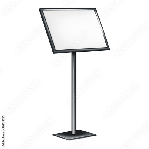 Sign holder stand. Blank menu board vector mockup. Floor standing display isolated on white background. Metal pedestal poster frame mock-up. Template for design