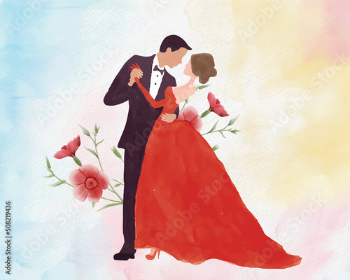 watercolor wedding illustration, romantic couple, bride and groom, husband and wife, man and woman, just married