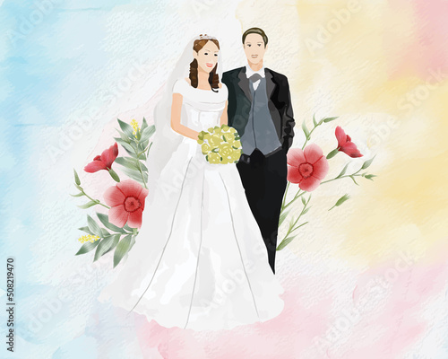 watercolor wedding illustration, romantic couple, bride and groom, husband and wife, man and woman, just married