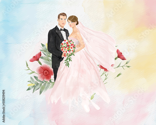 watercolor wedding illustration, romantic couple, bride and groom, husband and wife, man and woman, just married