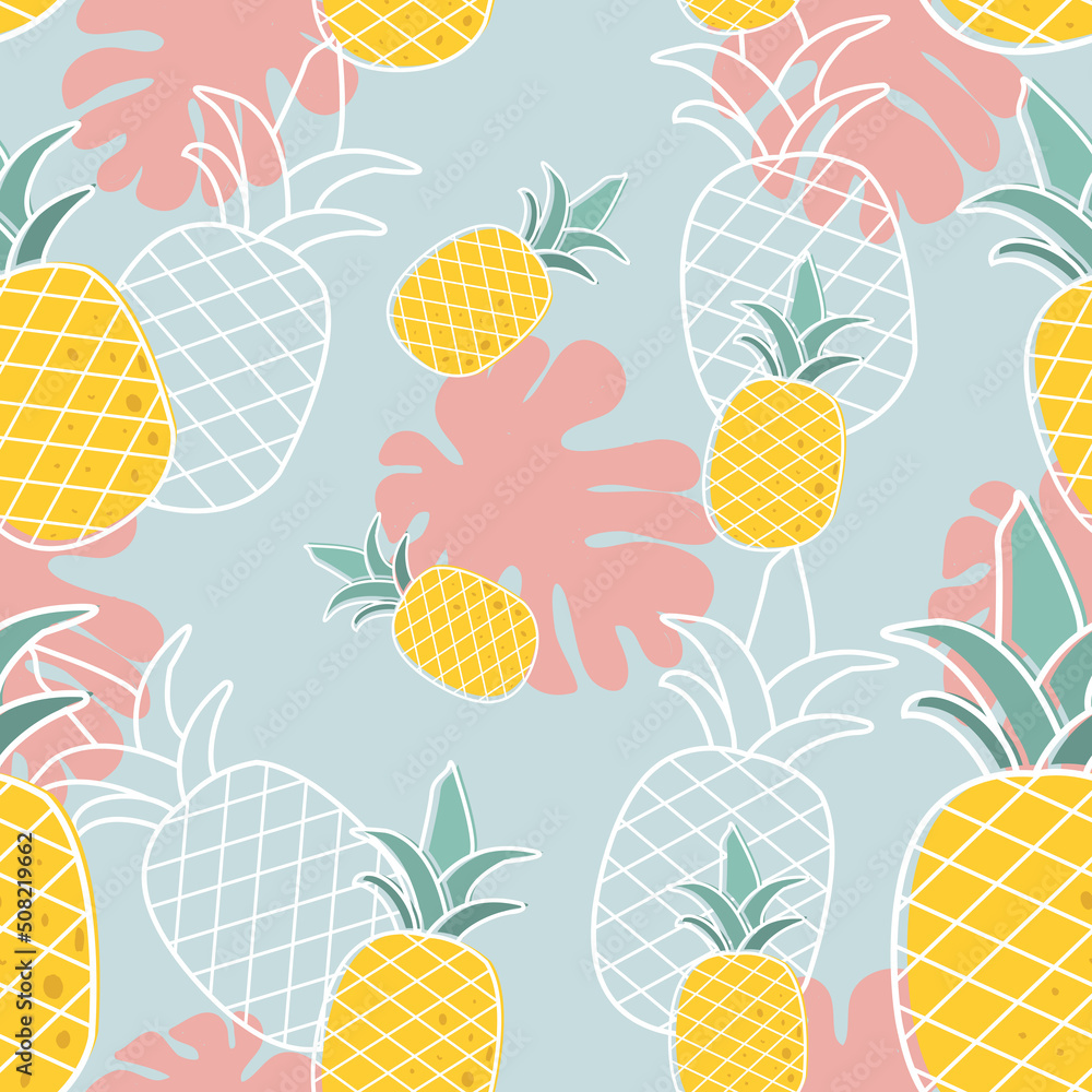pineapple and monstera pattern with blue background pineapple and monstera pattern with blue background