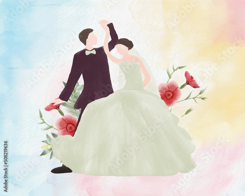 watercolor wedding illustration, romantic couple, bride and groom, husband and wife, man and woman, just married