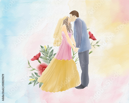 watercolor wedding illustration, romantic couple, bride and groom, husband and wife, man and woman, just married