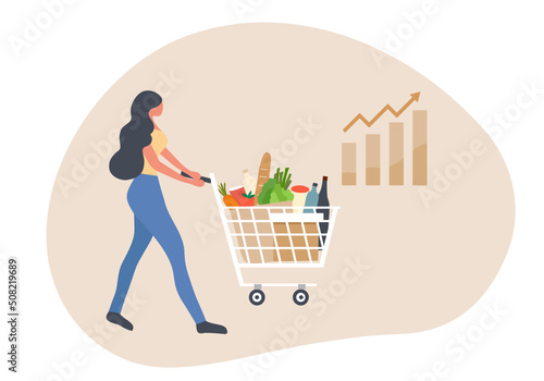 Food crisis concept, woman with grocery shopping cart and rising up arrow graph vector illustration. Food inflation, food price increase from economic recession