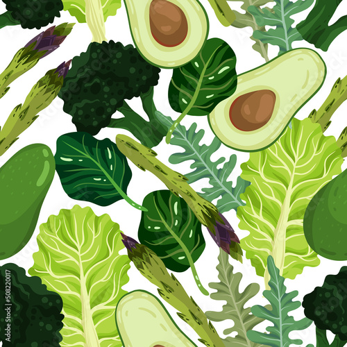 Vector illustration. Healthy green food. Avocado, spinach, asparagus, lettuce, arugula, broccoli. Handmade, light  background, seamless pattern