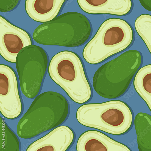 Vector illustration. Healthy green food. Avocado. Handmade, blue  background, seamless pattern