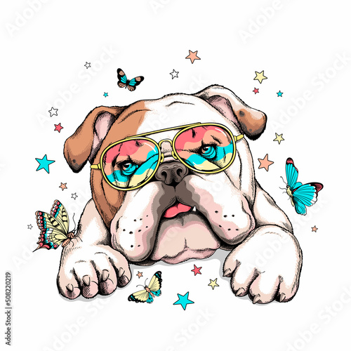 Cute english bulldog with butterflies.Summer illustration. Stylish image for printing on any surface