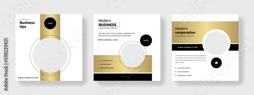 Luxury business social media post templates with golden dominant, black color contr, circle elements design, corporate graphics for instagram and facebook, minimalistic  original graphic