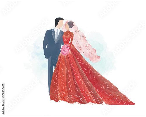 watercolor wedding illustration, romantic couple, bride and groom, husband and wife, man and woman, just married