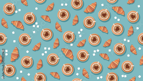 Endless background for a coffee shop. Cups with coffee, croissants and sugar cubes