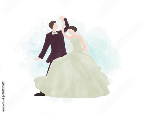 watercolor wedding illustration, romantic couple, bride and groom, husband and wife, man and woman, just married