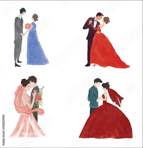 Set of watercolor wedding illustration, romantic couple, bride and groom, husband and wife, man and woman, just married