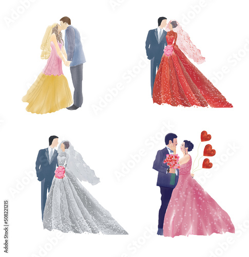 Set of watercolor wedding illustration, romantic couple, bride and groom, husband and wife, man and woman, just married