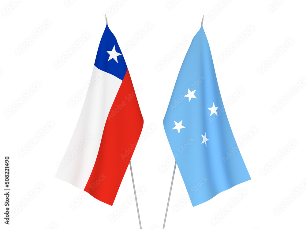 National fabric flags of Chile and Federated States of Micronesia isolated on white background. 3d rendering illustration.