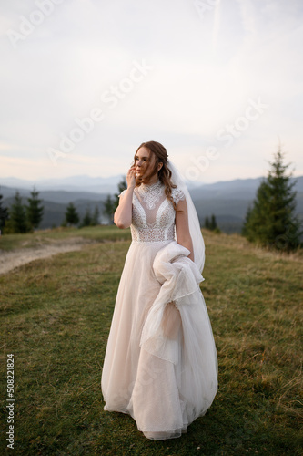 Beautiful bride in a white wedding dress on a background of mountains.