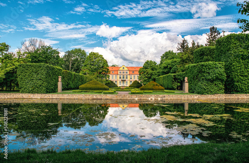 Lawns and architecture in Oliwa Park in Gdansk 