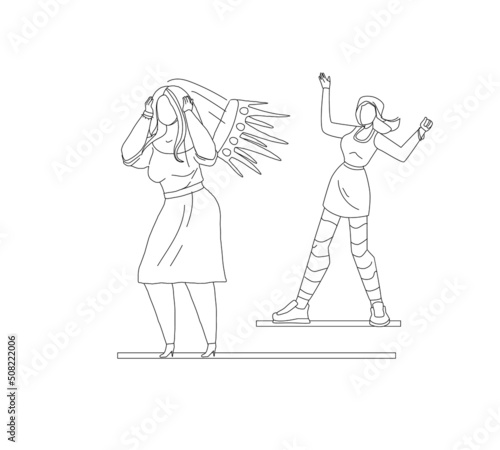 Young upset teenage girl ridicule victim lost crown of beauty line illustration. Female mocking classmate. Bullying and humiliation outline vector drawing