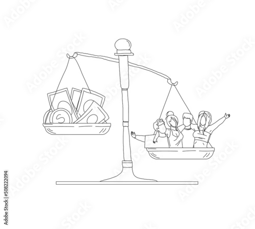 Scale tipping balance between friendship and money outline vector scene. Friends more valuable important than financial profit concept