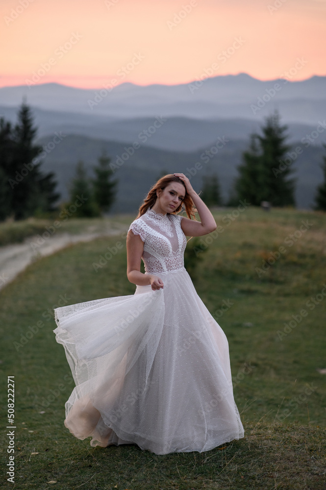 Beautiful bride in a white wedding dress on a background of mountains.