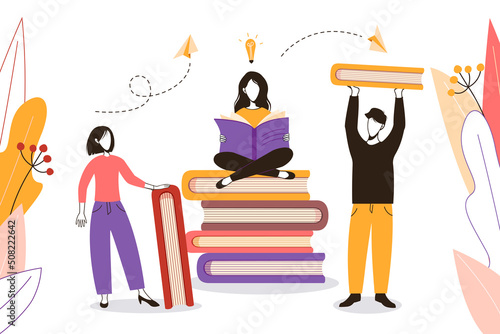 Group of people are reading books. Students study in library, literary club or book festival concept. Concept of distance studying and self education.