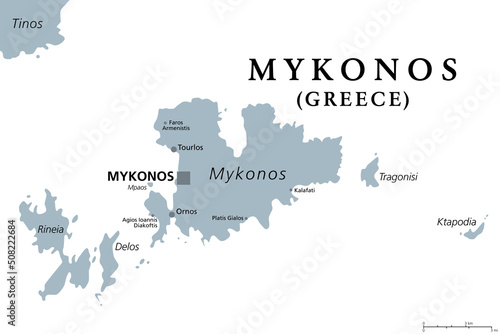 Mykonos, an island of Greece, gray political map. Greek island in the Aegean Sea, and part of the Cyclades. Nicknamed The Island of the Winds, known as gay-friendly destination with vibrant nightlife.