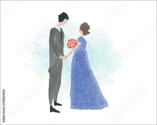 watercolor wedding illustration, romantic couple, bride and groom, husband and wife, man and woman, just married