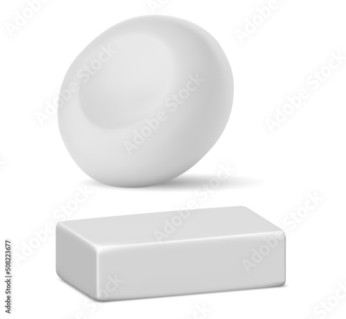 Soap bar mockup. Round and square cosmetics design. Solid hygiene toiletries, bathroom wash detergent template. Circle shape cream soap illustration for wrapper and logo, white blank