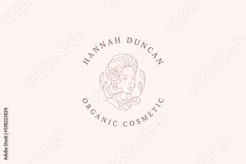 Pretty antique lady bust with flower butterfly hairstyle circle place for text line art logo vector
