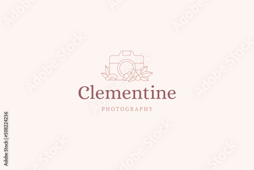 Minimalist photo video camera decorative design blossom botanical spring flower line art logo vector