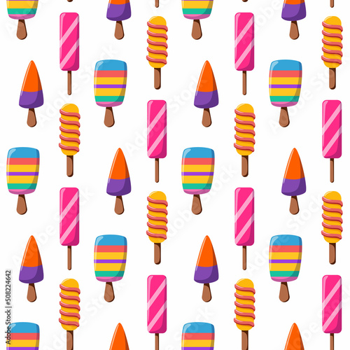 Seamless pattern of bright ice cream on a stick. Vector illustration for textiles, background, cover.