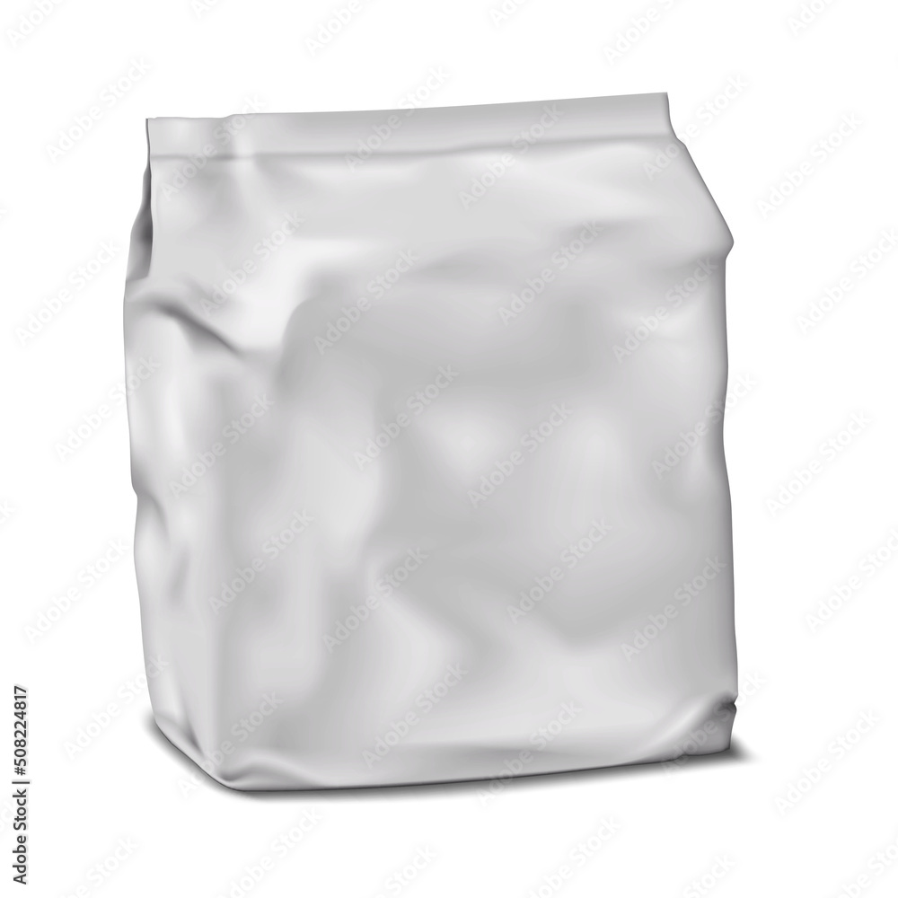 Blank bag packaging vector mockup. Crumpled vacuum pouch isolated on white background mock-up. Template for design
