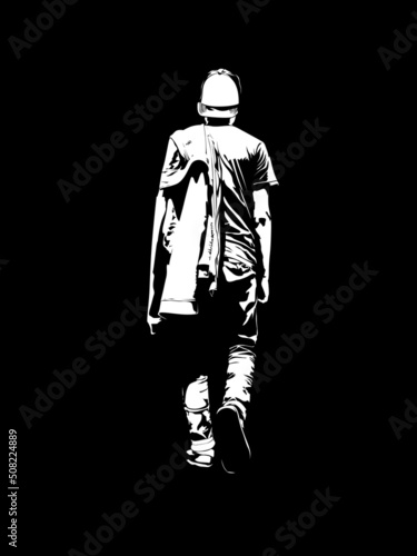 The back of the man seen from behind, he was about to go step. Stencil, threshold, line art, black and white