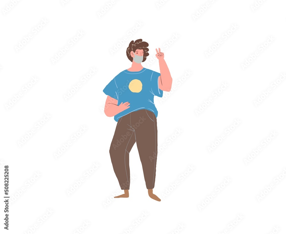 Vector cartoon flat man character in face mask in joyful happy mood rejoice,happily gesticulate-coronavirus covid protection,emotions,positive social concept,medical web site banner ad design Vector cartoon flat man character in face mask in joyful happy mood rejoice,happily gesticulate-coronavirus covid protection,emotions,positive social concept,medical web site banner ad design