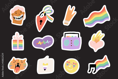 Pride Month Celebration stickers. Characters, flags, transgender, nonbinary community colors hearts, rainbow LGBTQ flag