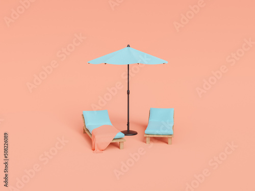 Obraz na plátne Comfy sunbeds with umbrella against pink background