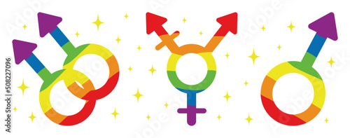 LGBTQ+ gender symbol on rainbow color background. Pride month stickers. Gay love and relationship. Pride.