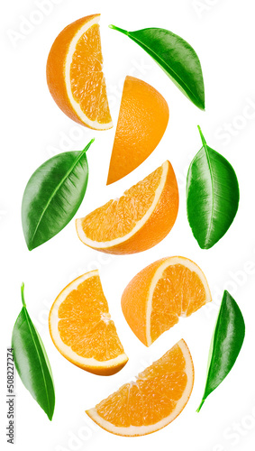 Collection orange slices isolated on white background. Taste orange with leaf. Full depth of field with clipping path