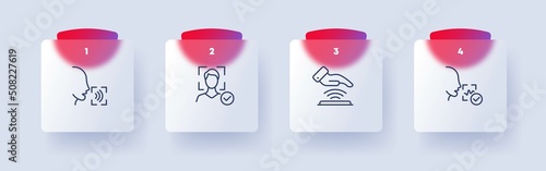 Biometric set icon. Pulse, voice, face ID, face and eye recognition , speech. Verification, protection. Authentication concept. Glassmorphism style. Vector line icon for Business and Advertising