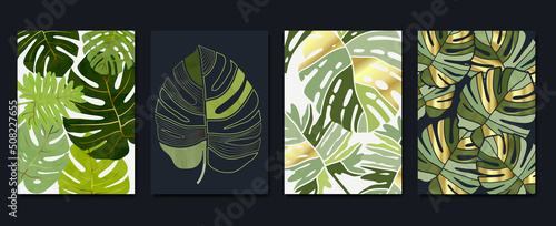 Set of abstract golden wall art template. Elegant line art, monstera leaves, tropical foliage, gold foil. Collection of luxury wall decoration perfect for decorative, interior, prints, banner.
