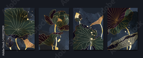 Set of abstract golden wall art template. Elegant line art, lotus flowers, leaves, foliage on dark background. Collection of luxury wall decoration perfect for decorative, interior, prints, banner.
