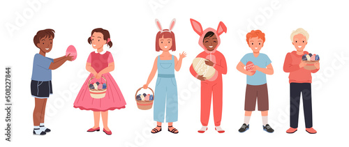 Set of happy children celebrating easter egg hunt. Traditional spring saint holiday, bunny rabbit costumes dressing, basket full of decorated eggs cartoon vector illustration