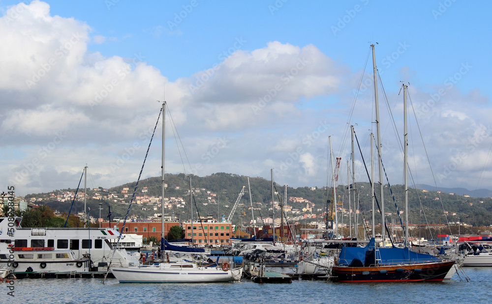 Marine boats colorful photo. Yachts and boats on water. Italian landscape photo. 