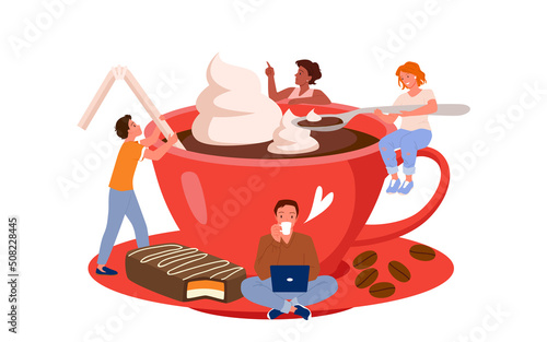 Coffee break vector illustration. Cartoon tiny male and female characters drink beverage, girl holding spoon with cream, group of friends sitting on giant cup of coffee with dessert isolated on white