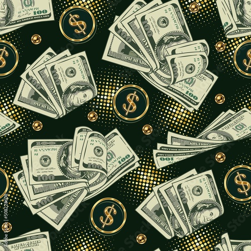 Money seamless pattern in vintage style with stacks of dollar bills, round halftone shapes, gold dollar sign, beads.