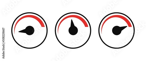 Speedtest set icon. Circle with arrow and scale. Minimum, average and maximum speed. Fuel level in the tank. Vector line icon for Business and Advertising