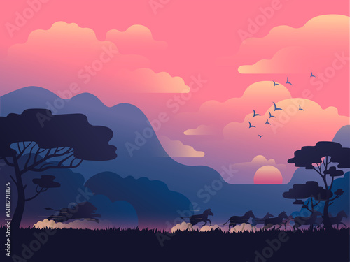 Safari landscape illustration. Lion and zebras
