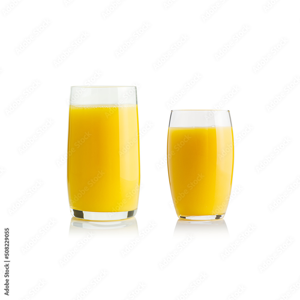 Collection of orange juice in different glasses . eparate clipping paths for each glass. Set of glasses with tropical orange juice Collection of orange juice in different glasses . eparate clipping paths for each glass. Set of glasses with tropical orange juice