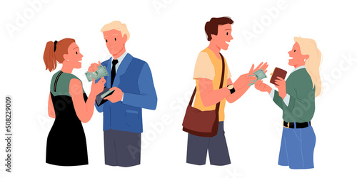 Boyfriend giving money to his girlfriend. Couple relationship, dollars for women needs, daily leisure activities, men care and love, salary day, finance gift for wife vector illustration