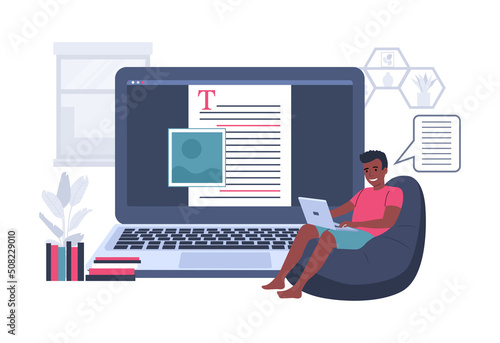 A man with an african appearance works on a computer with text. Blogger or copywriter concept. Vector illustration.