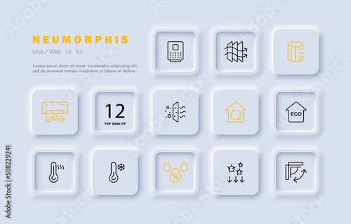 Conditioner set icon. Air conditioning, Air filtration, cold, heat, virus, fan, propeller, thermometer, etc. Fresh air concept. Neomorphism style. Vector line icon for Business and Advertising